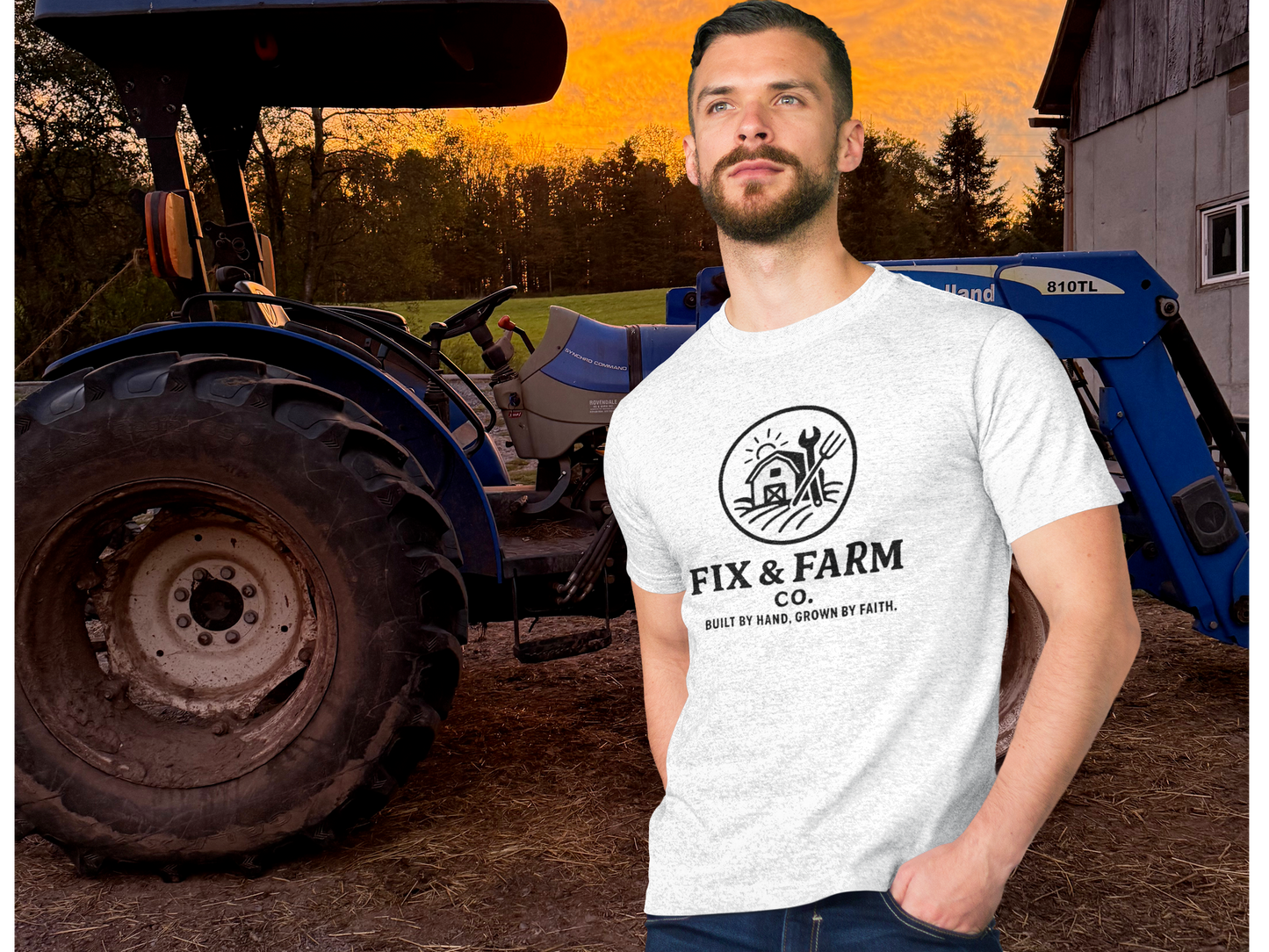 Fix & Farm Co. — Built by Hand, Grown by Faith Farm Tee (Black print)
